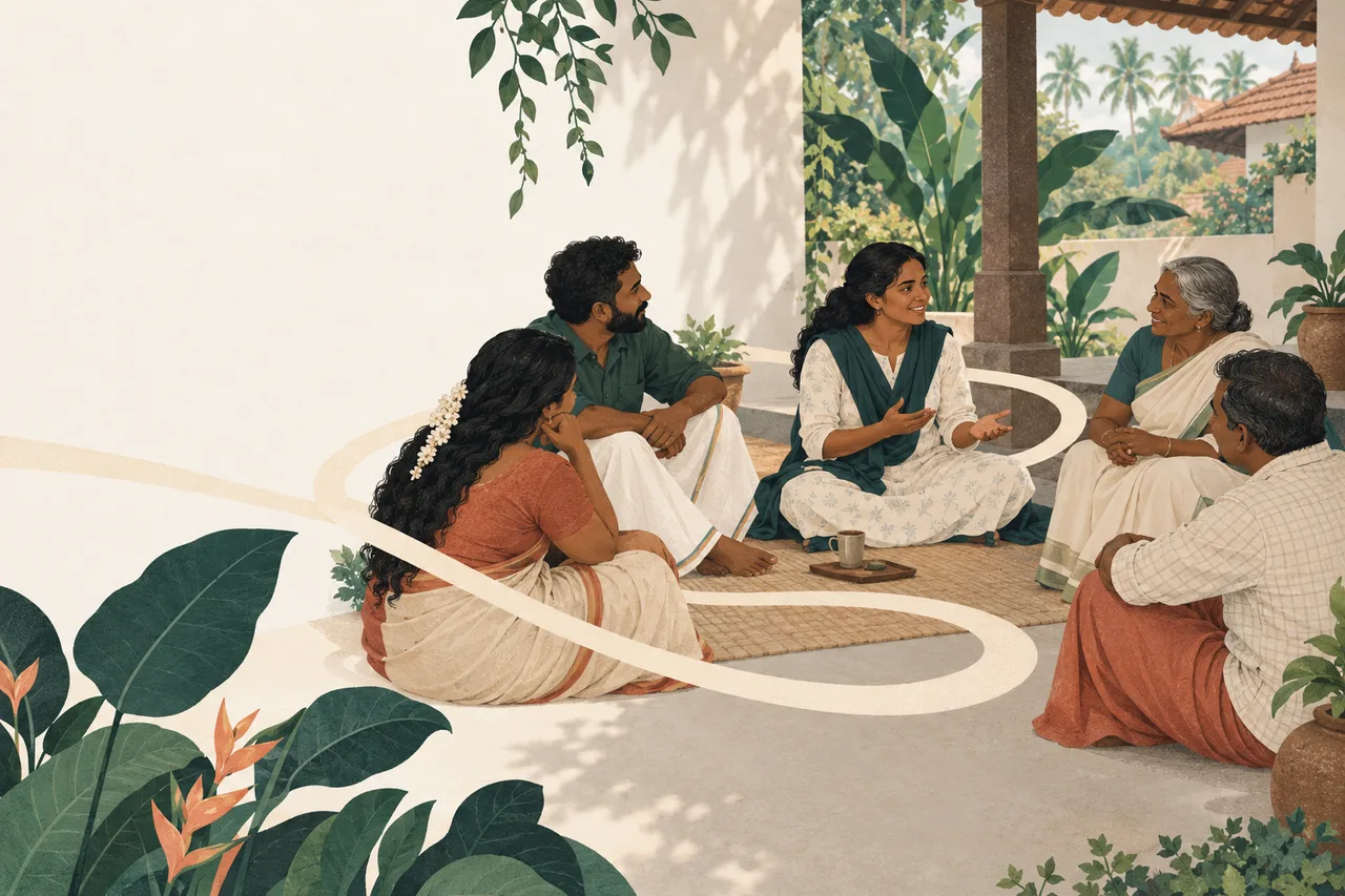 Illustration of a Kerala community sharing a welcoming space