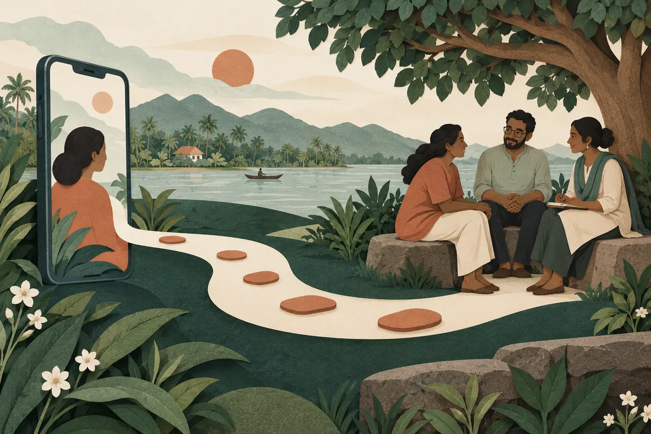 Illustration of a path connecting a community with care